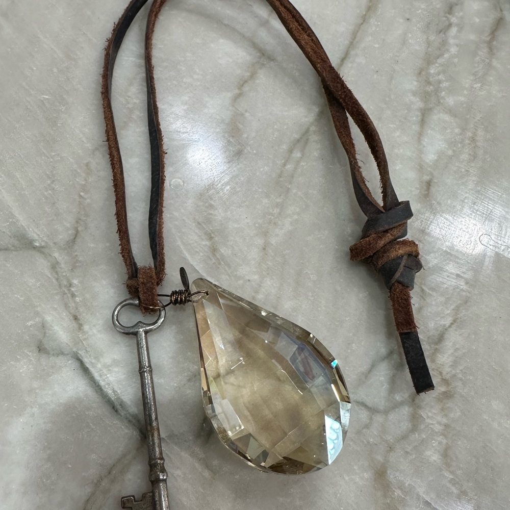 Brown Leather Necklace with Crystal Pendant and Key